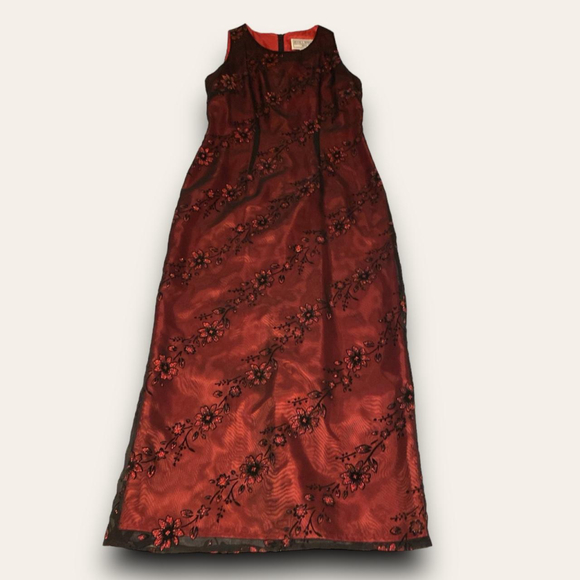 Jessica Howard Dresses & Skirts - Vintage 1990s Jessica Howard Formal Gown Floral Mesh Overlay Black Red Evening